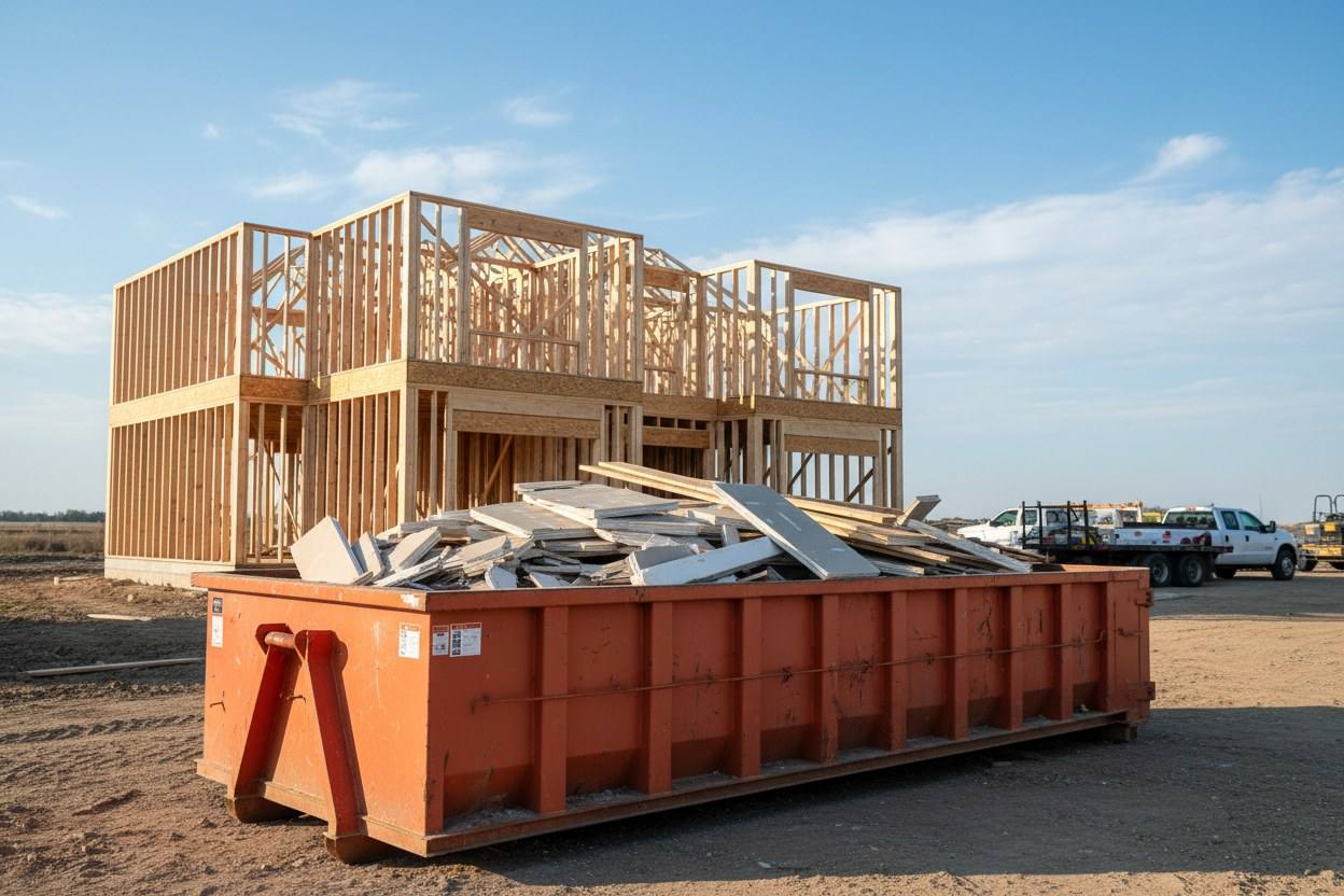 A 30 yard roll-off dumpster loaded with framing and drywall scraps at a Tulsa new-construction site