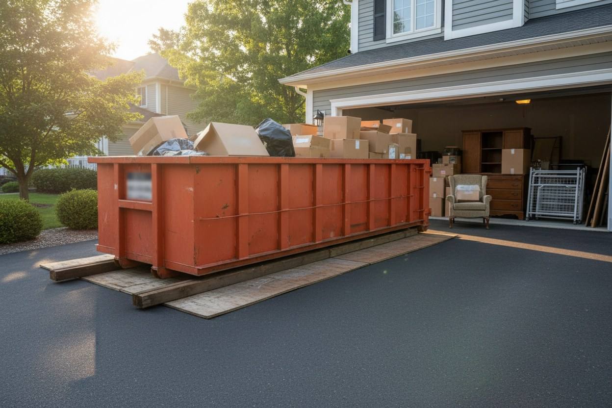 A roll-off dumpster on a home driveway with boards under the rails during a garage cleanout