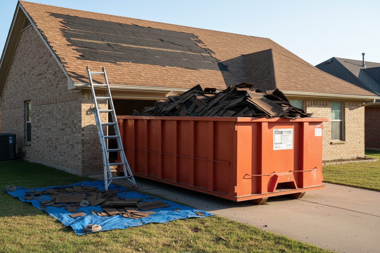 A 15 yard roll-off dumpster filled with torn asphalt shingles beside a Tulsa house stripped to the felt underlayment